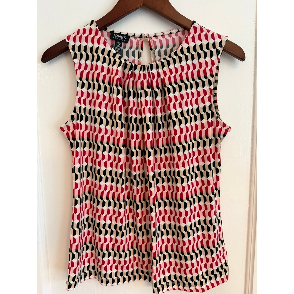 Jones New York Top Women Small Geometric Pleated Neck Sleeveless Pink Red Shell